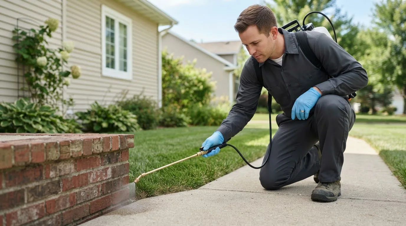 Pest control technician treating a home near Blountsville, AL